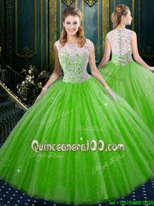 Elegant Ball Gowns Quinceanera Gowns Spring Green High-neck Tulle Sleeveless Floor Length Zipper