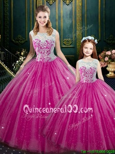 Hot Pink Tulle Lace Up High-neck Sleeveless Floor Length Vestidos de Quinceanera Lace