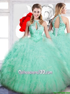 Top Selling Apple Green Lace Up 15 Quinceanera Dress Beading Sleeveless Floor Length