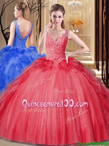 Classical Red Sweet 16 Dresses Military Ball and Sweet 16 and Quinceanera and For withAppliques and Sequins and Pick Ups V-neck Sleeveless Backless