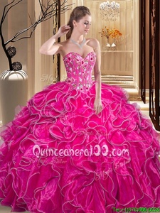 Noble Fuchsia Sleeveless Embroidery and Ruffles Floor Length Quinceanera Gowns