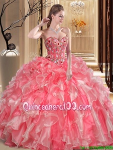 Superior Watermelon Red Sleeveless Embroidery and Ruffles Floor Length Vestidos de Quinceanera