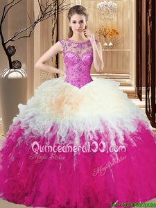 Custom Design Backless Spring and Summer and Fall and Winter Tulle Sleeveless Floor Length Sweet 16 Dresses andBeading and Ruffles