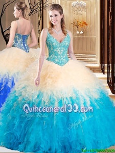 Designer Lace and Ruffles Vestidos de Quinceanera Aqua Blue Lace Up Sleeveless Floor Length