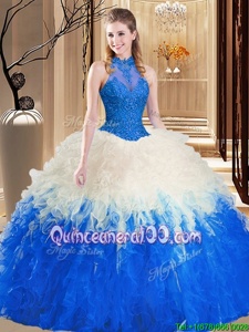 Multi-color High-neck Backless Lace and Appliques and Ruffles Quinceanera Dresses Sleeveless