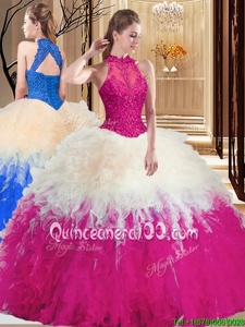Spectacular Sleeveless Tulle Floor Length Backless Quinceanera Dress inMulti-color forSpring and Summer and Fall and Winter withLace and Appliques and Ruffles
