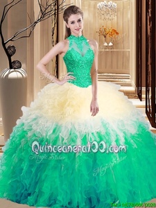 Pretty Multi-color Backless Quinceanera Dress Lace and Appliques and Ruffles Sleeveless Floor Length