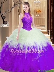 Glorious White And Purple Sleeveless Tulle Lace Up Sweet 16 Quinceanera Dress forMilitary Ball and Sweet 16 and Quinceanera