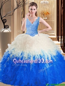 Cheap Floor Length Multi-color Sweet 16 Dresses Tulle Sleeveless Spring and Summer and Fall and Winter Lace and Appliques and Ruffles