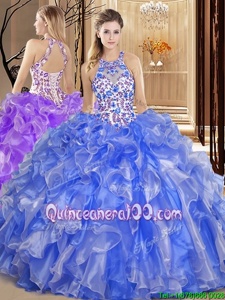 Nice Scoop Backless Spring and Summer and Fall and Winter Organza Sleeveless Floor Length Quinceanera Gown andEmbroidery and Ruffles