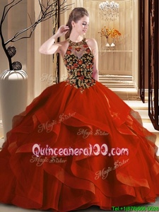 Shining Scoop Sleeveless Brush Train Backless Quinceanera Gown Orange Red Tulle