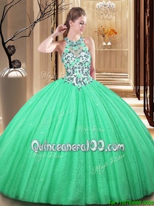 Spectacular Sleeveless Floor Length Lace and Appliques Lace Up Sweet 16 Quinceanera Dress with Green