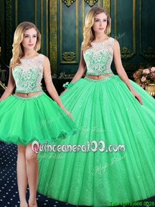Elegant Three Piece Sequins Floor Length Spring Green Quince Ball Gowns Scoop Sleeveless Lace Up