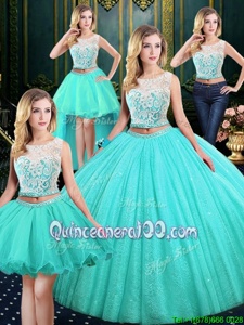 Popular Four Piece Blue Lace Up Scoop Lace and Sequins Sweet 16 Dresses Tulle and Sequined Sleeveless