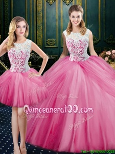 Three Piece Pink Scoop Zipper Lace and Pick Ups Quinceanera Dresses Sleeveless
