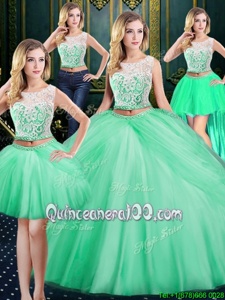 Vintage Four Piece Scoop Sleeveless Tulle Quinceanera Dress Lace and Pick Ups Zipper