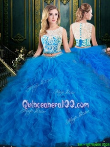 Eye-catching Blue Two Pieces Tulle Scoop Sleeveless Lace and Ruffles Floor Length Zipper Quinceanera Gowns