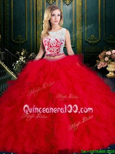Fashionable Red Quinceanera Dress Military Ball and Sweet 16 and Quinceanera and For withLace and Ruffles Scoop Sleeveless Zipper