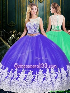 Dramatic Tulle Scoop Sleeveless Zipper Lace and Appliques Quince Ball Gowns inPurple