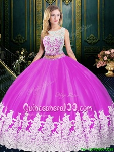 Sophisticated Scoop Lace and Appliques Sweet 16 Dress Fuchsia Zipper Sleeveless Floor Length
