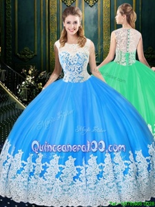 Fine Scoop Sleeveless Floor Length Lace and Appliques Zipper 15 Quinceanera Dress with Baby Blue