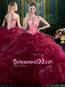 Elegant Tulle Halter Top Sleeveless Lace Up Beading and Ruffles and Pick Ups Quince Ball Gowns inWine Red