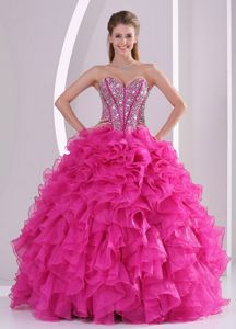 Hot Pink Beads Decorate Quinceanera Dresses with Ruffles
