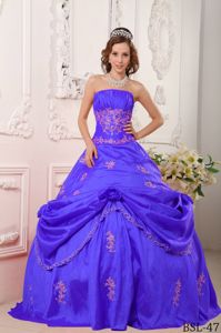 Strapless Appliqued Blue Sweet 15 Dress with Pick-ups