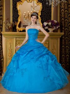Blue Strapless Pick-Up Accent Dress for15 with Appliques