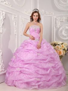 Chic Strapless Lilac Appliqued Dress for Quince with Pick-ups