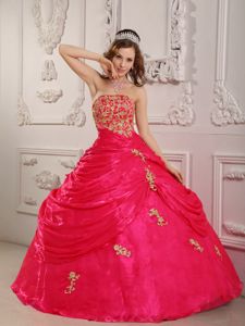 Hot Pink Strapless Appliqued Quinceanera Dresses with Pick-ups