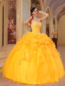 Gold Ruffles Beading Dresses Quinceanera with Hand Made Flowers