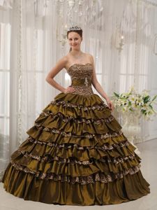 Leopard Printing Dresses Quinceanera with Ruffled Layers in Brown