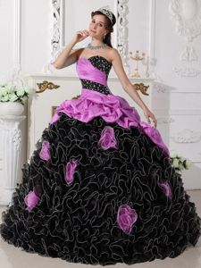 Pretty Flowers Beaded Black and Light Purple Quinces Dress