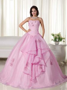 Discount Floor-length Baby Pink Quince Dresses with Embroidery