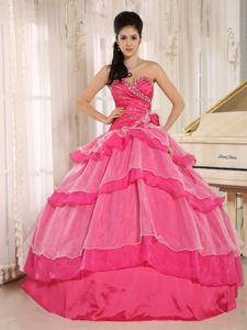 Taffeta Organza Beaded Ruffled Hot Pink Quinceanera Gowns