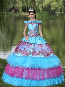 Off The Shoulder Appliqued Tiered Multi-color Quinceanera Dress