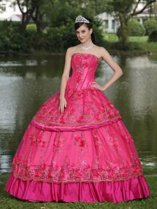 Cheap Strapless Flowers Appliqued Hot Pink Sweet 15 Dress