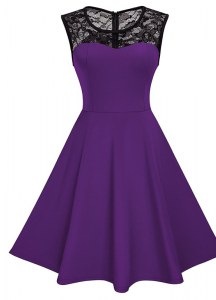 Scoop Purple Sleeveless Lace Knee Length Mother of Groom Dress