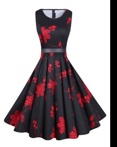 Captivating Scoop Knee Length A-line Sleeveless Red And Black Mother of Bride Dresses Zipper