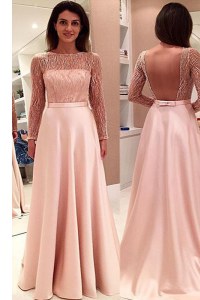 Pink Backless Mother of Groom Dress Beading Long Sleeves With Train Sweep Train