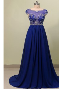 Fabulous Scoop Cap Sleeves With Train Beading and Appliques Zipper Mother of the Bride Dress with Blue