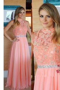 Pink Sleeveless Floor Length Beading and Lace Zipper Mother of the Bride Dress
