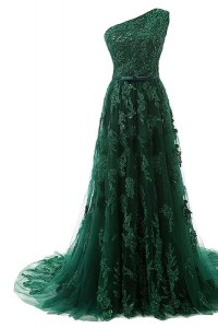 Discount One Shoulder Dark Green A-line Beading and Appliques Mother Dresses Zipper Tulle Sleeveless