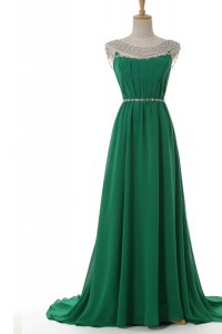 Scoop Sleeveless Elastic Woven Satin With Train Sweep Train Side Zipper Mother of Bride Dresses in Green with Belt
