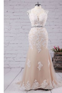 Edgy Mermaid Champagne Mother Dresses Prom and For with Beading and Appliques Scoop Sleeveless Sweep Train Backless