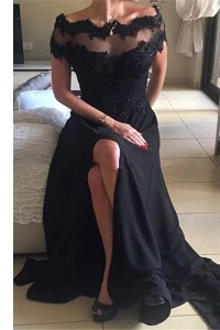 Off the Shoulder Black Short Sleeves Beading and Lace Backless Mother of Groom Dress