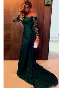 Mermaid Lace Off The Shoulder Long Sleeves Sweep Train Zipper Lace Mother of Bride Dresses in Dark Green