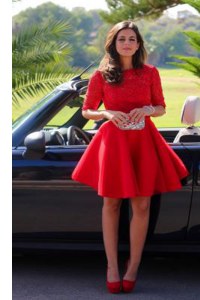 Flare Halter Top Knee Length Red Mother Dresses Lace Half Sleeves Lace