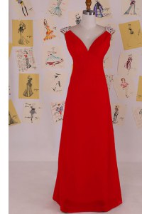 Elegant Red Backless Mother Dresses Beading Sleeveless Floor Length